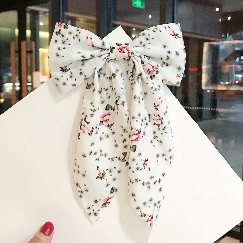 Women Small Fresh Floral Bow Hair Clip Fashion Style Big Bow Long Float Satin Spring Clip Back Head Hair Clip New Headwear