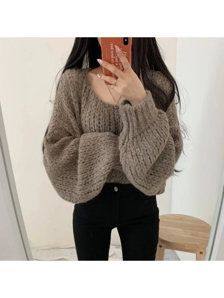 Dolce maglione autunnale lavorato a maglia con design scavato, pullover ampio da donna, top casual lavorato a maglia a maniche lunghe con scollo tondo