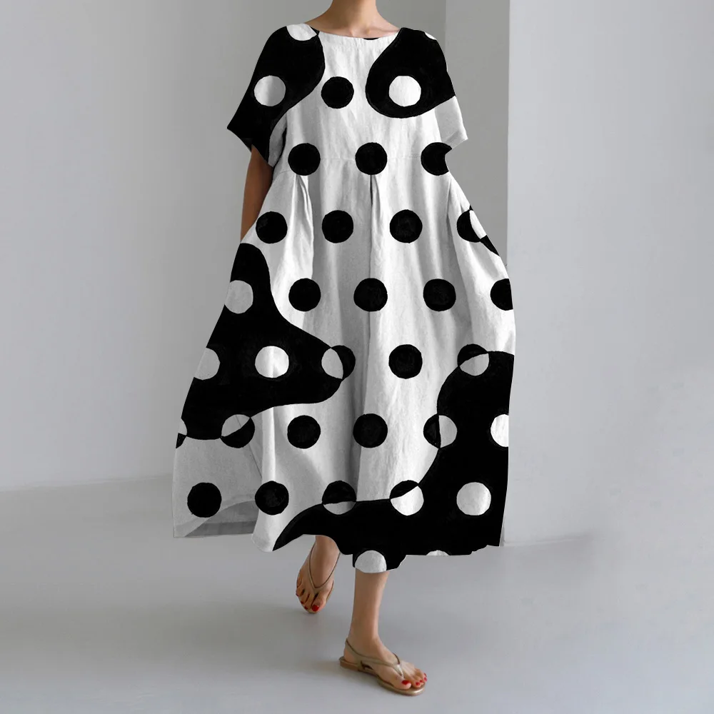 Fashion Black White Polka Dot Print Dress For Women High-end Elegant Short Sleeve Wide Hem Dresses Summer Holiday Ladies Dress