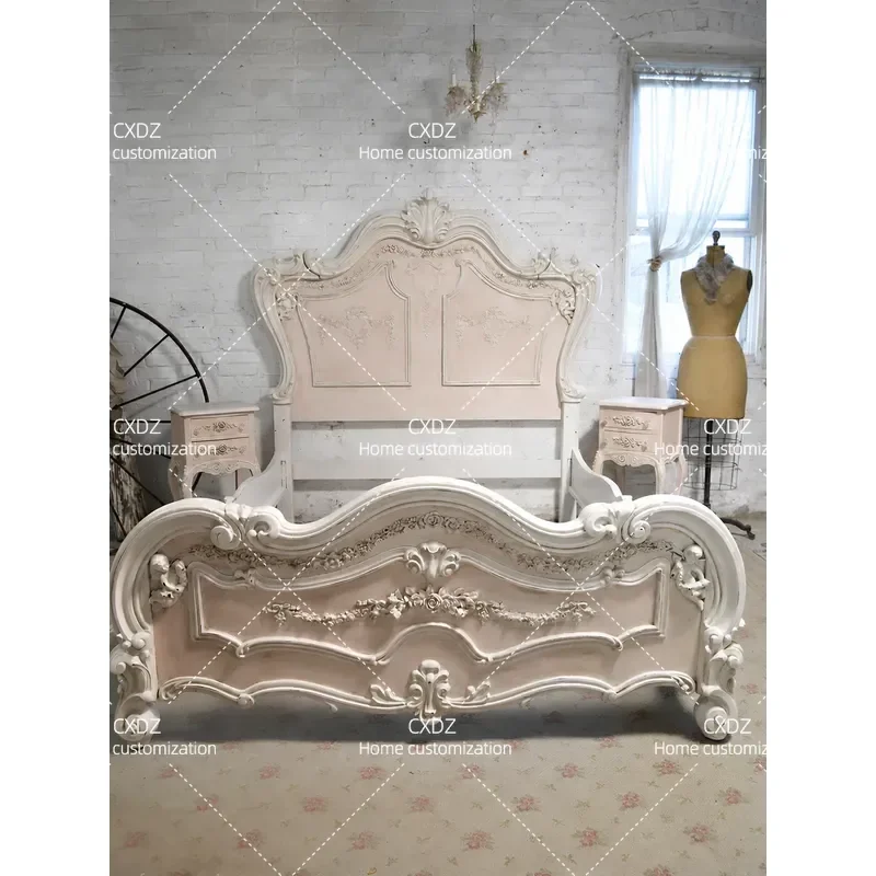 Embossed Flower Retro Bed French Pastoral Light Luxury Girl Style Solid Wood Master Bedroom Double Bed