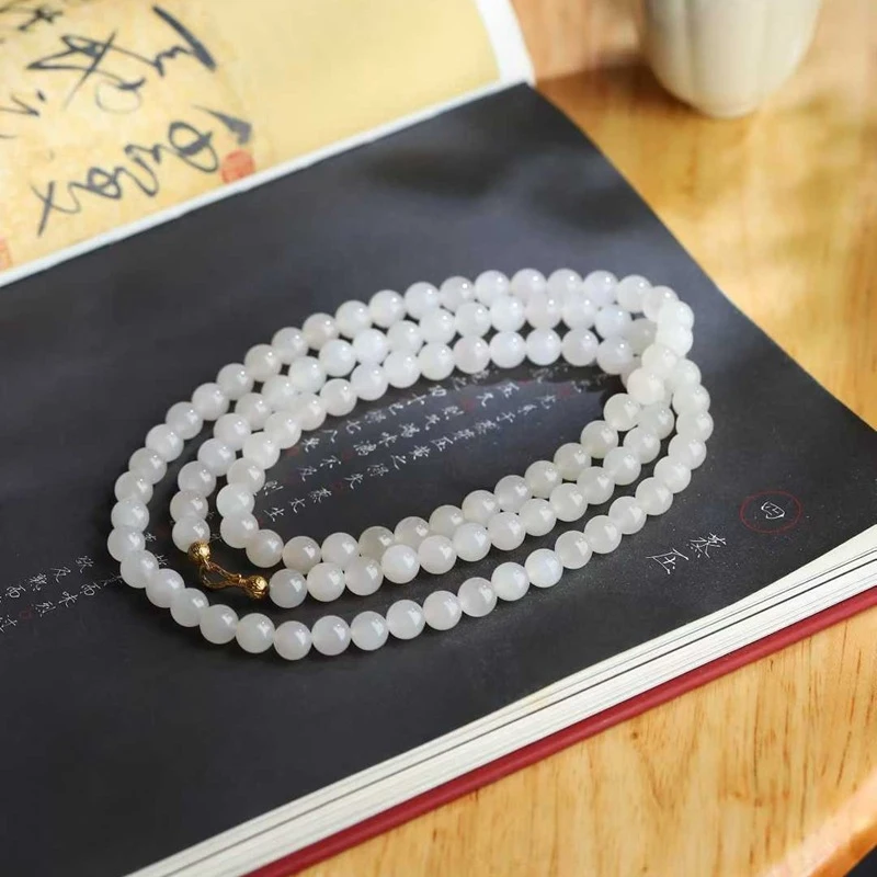 

Натуральное ожерелье из хотанского нефрита (Цинхай), старый материал, светло-розовое, многофункциональное, 108 бусин