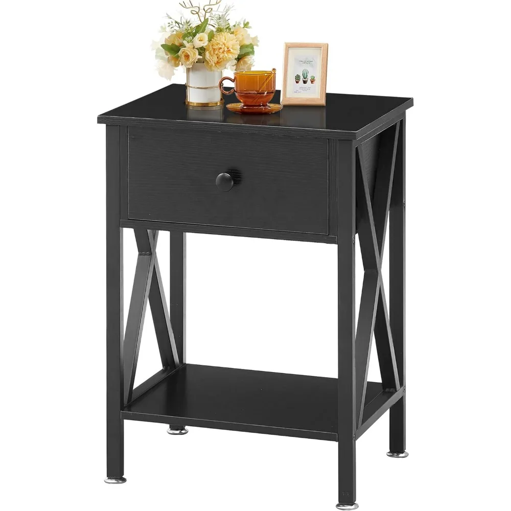 Bedroom Bedside Table Black(1PACK) Home Furniture Nightstand Storage Shelf With Bin Drawer for Bedroom Lounge 15.8in11.8in21.7in