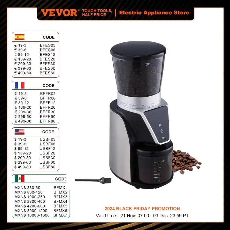 

VEVOR Conical Burr Grinder Electric Adjustable Burr Mill with 51 Precise Grind Setting 9.7-Ounce 13 Cups Coffee Bean Grinder