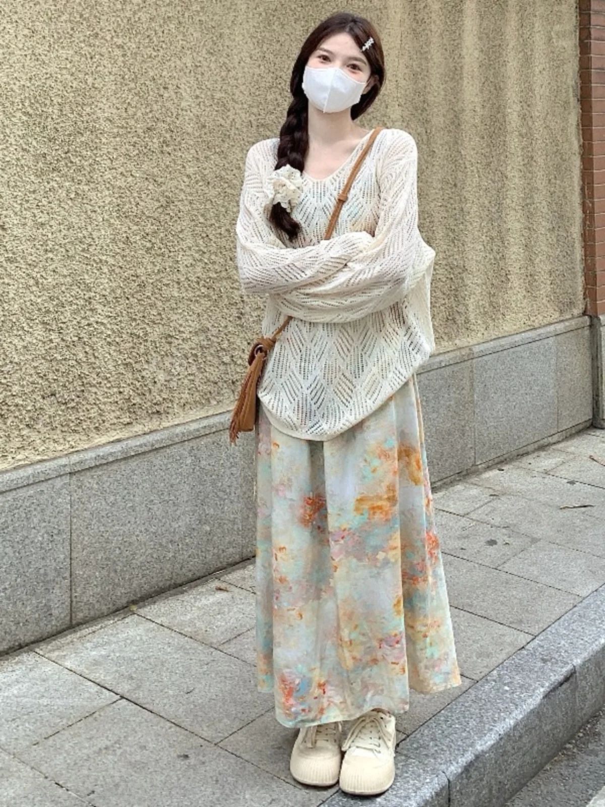 

plus Size Knitted Hollow out Soft Style Set Spring Summer New Design Sense Wood Grain Strap Dress High Waist A-Line Skirt