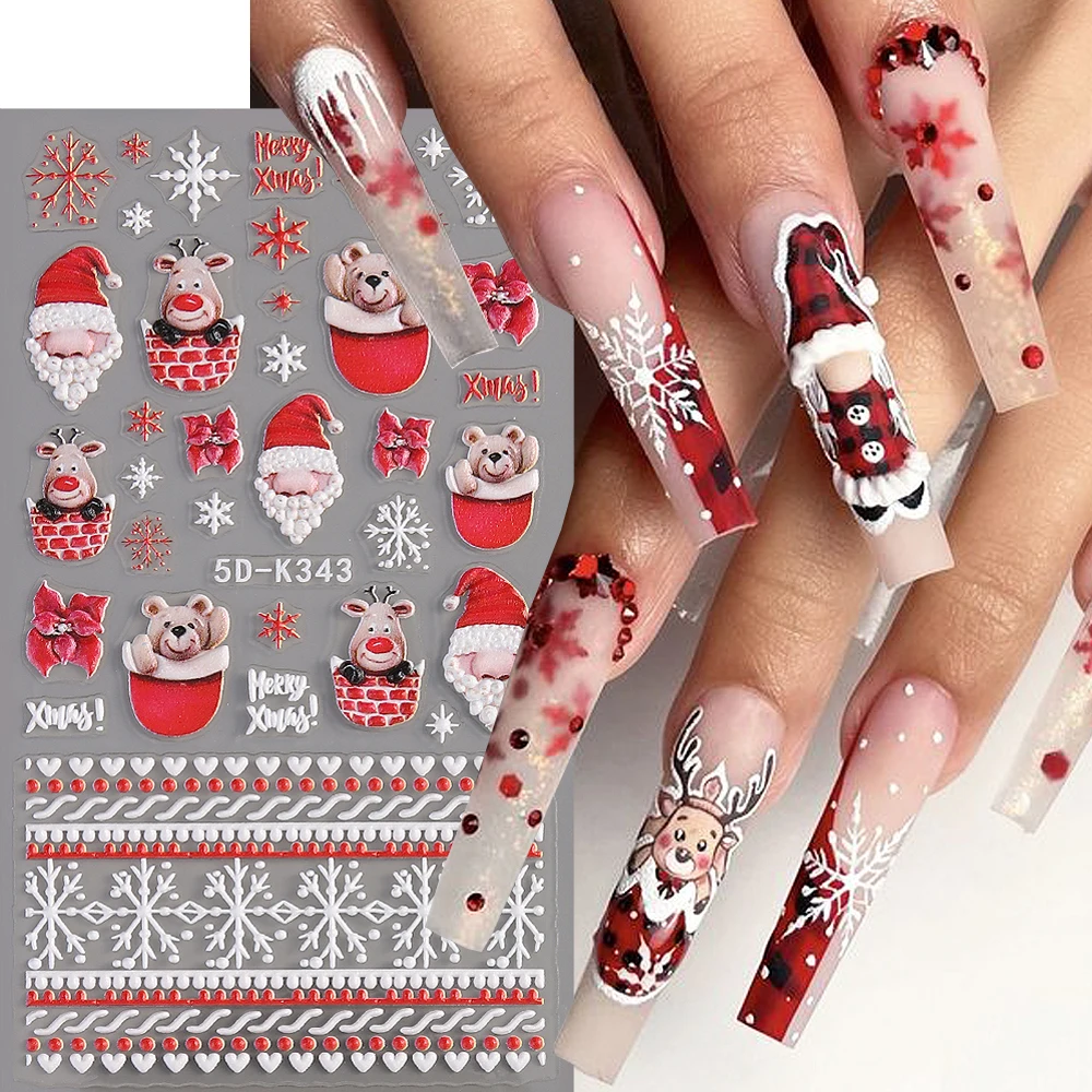 5D Christmas Cartoon Santa Claus Winter Snowflake Elk Bear Penguin Red White Striped Nail Decals Manicure Decor Foils GL5D-K343