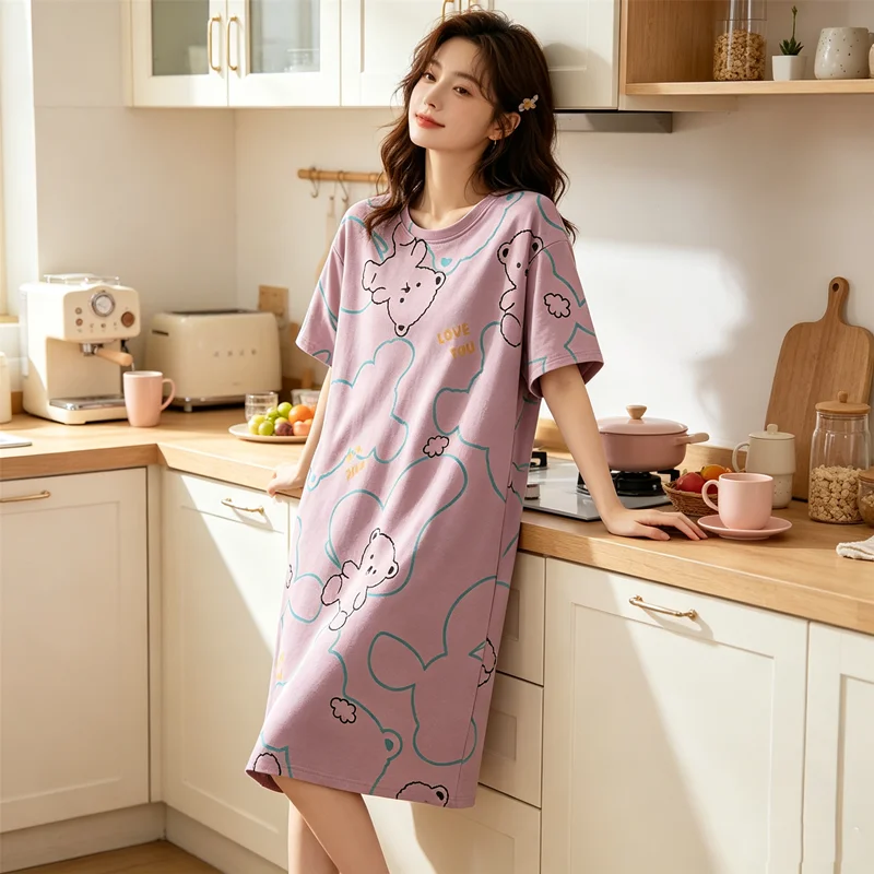 Women's Pyjamas Summer Short-Sleeved Nightgown Cartoon Cute Loose Plus Size Dress Can Go Out Wearing Homewear Young Girls Clothe