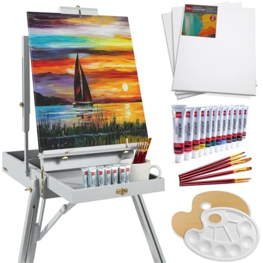 

French Easel 32pc Beginners Kit Portable Wooden Folding Adjustable Sketch Box Artist Tripod for Painting Drawing w/Acrylic Pain