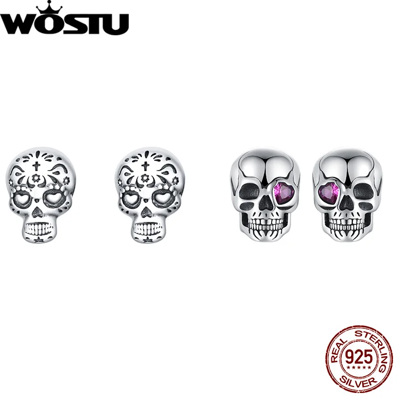 WOSTU Real 925 Sterling Silver Original Skull Stud Earrings Hoop With Zircon Oxidation For Women Party Daily Fine Jewelry Gift