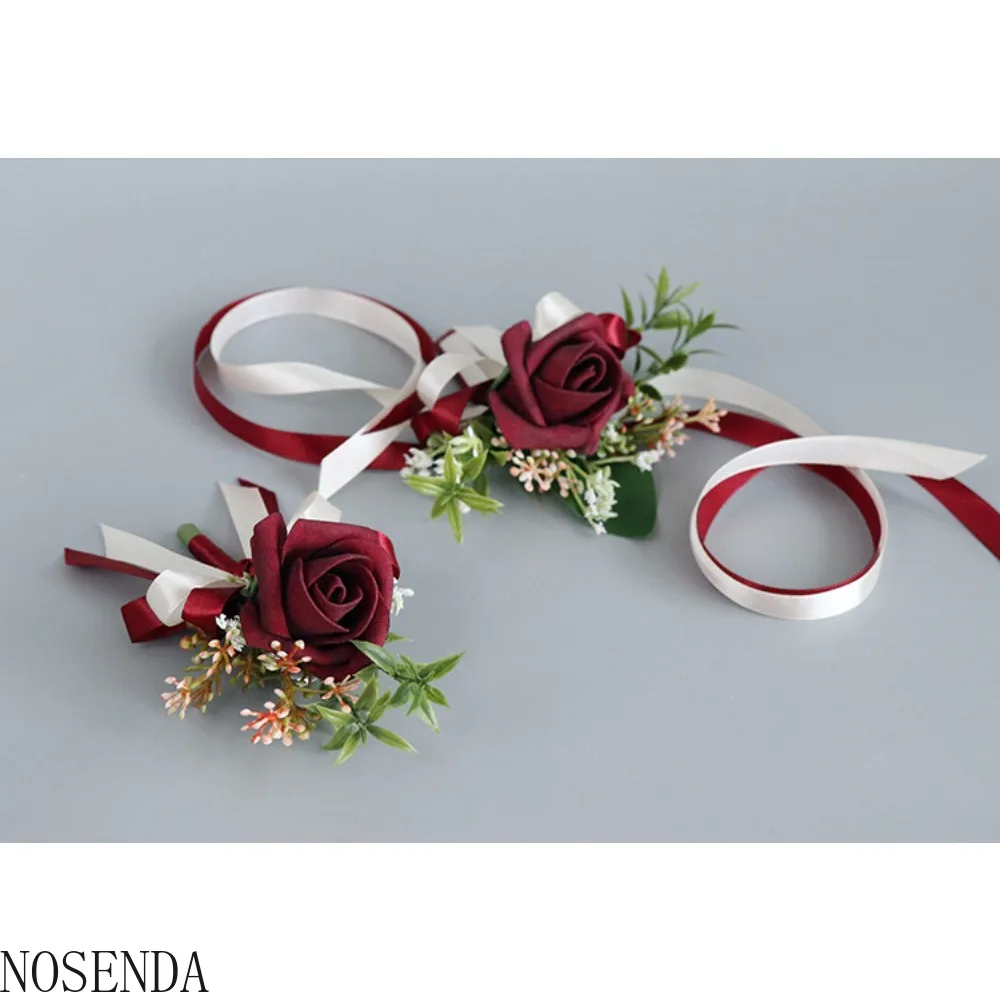 Burgundy Men Boutonniere Ribbon Wrist Corsage Bridesmaid Boutonniere Marriage Accessories Wedding Decoration  Flower for Bride