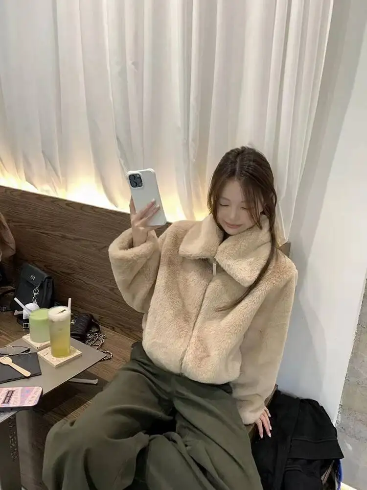 Faux Lamb Coats For Women Winter Loose  Thick Warm Crop Jacket Korean Hairy Lapel All Match Fur Outerwear New
