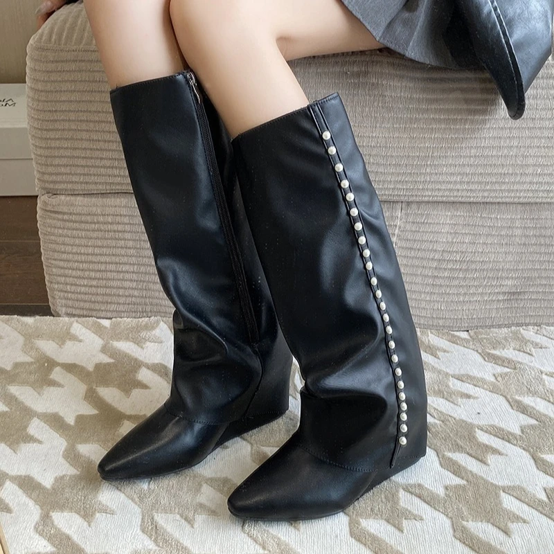 

2025 New Wedges Women High Boots Beaded Designer High Heels Shoes Winter Fashion Chelsea Boots New Walking Trend Женские Ботинки