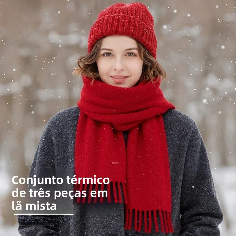 冬のニットウール手袋帽子スカーフセット通気性タッチスクリーン女性用手袋男性用帽子女性用暖かくて快適