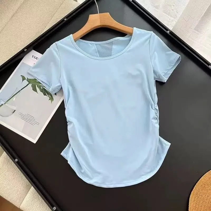 Damen Yoga-Shirt mit kurzen Ärmeln aus Mesh, schnelltrocknend, atmungsaktiv, mit seitlich geraffter Taille, figurbetont, sportliches T-Shirt, Sommer-Gym-Activewear – Detail 5