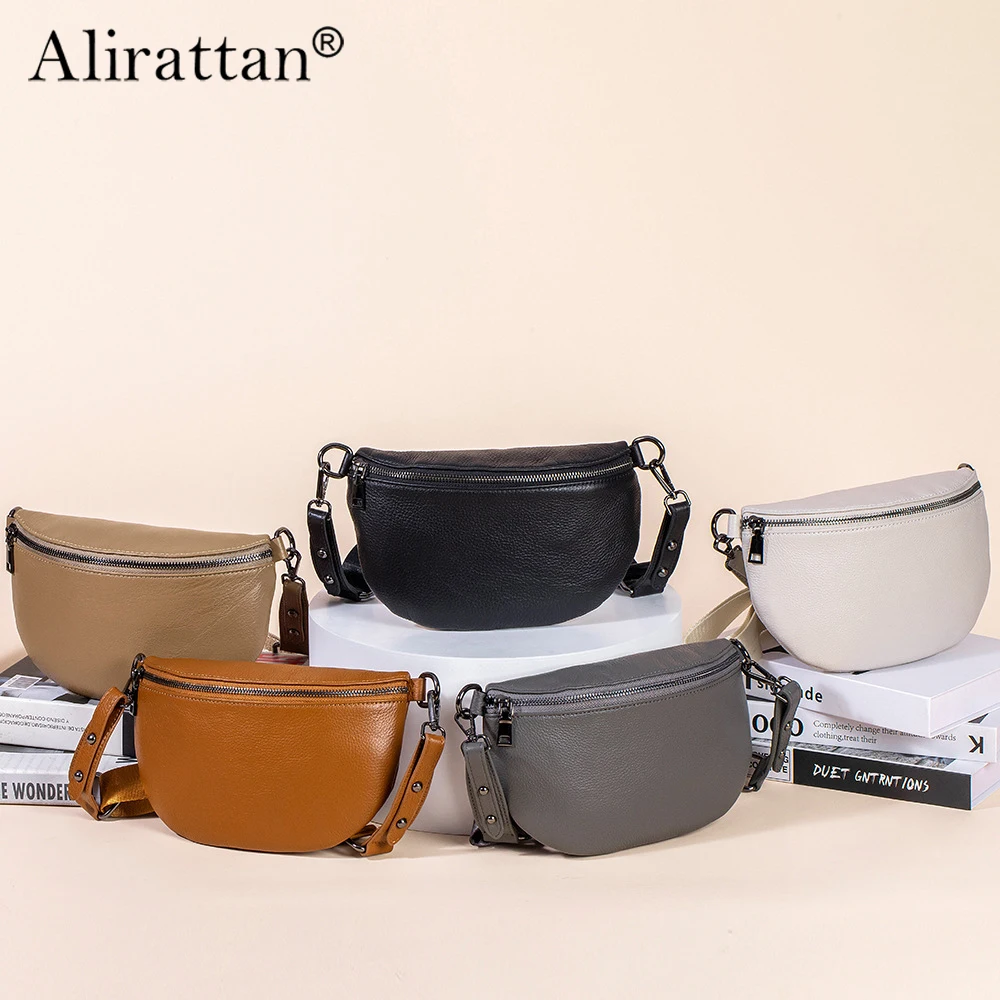 Alirattan Real Leather Large Capacity Waist Bag Women\'s Crossbody Bag 2024 New Chest Bag Simple Shoulder Bag