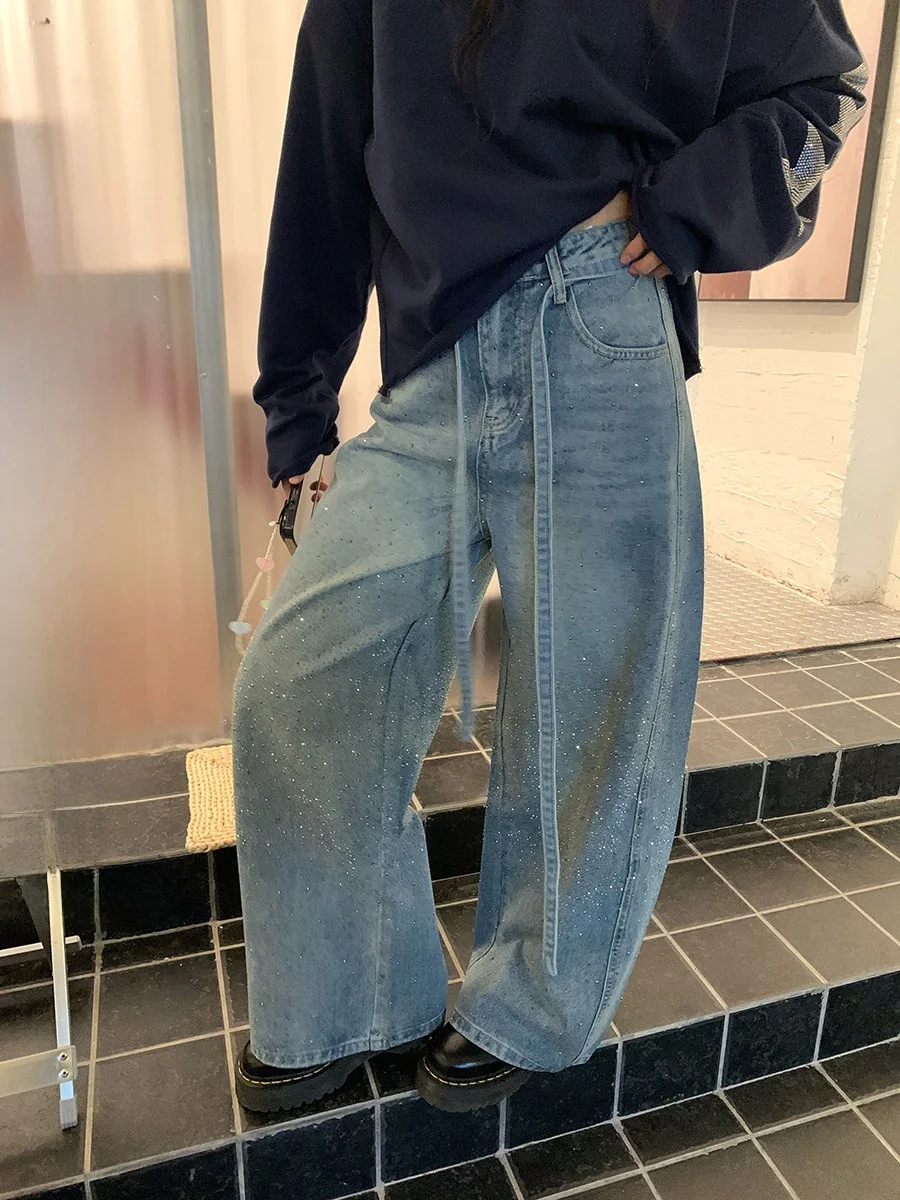 

High Waist Wide Leg Jeans Denim Casual High Waist Heavy Industry Star Rhinestone Embellished Loose Fit Women's Jeans