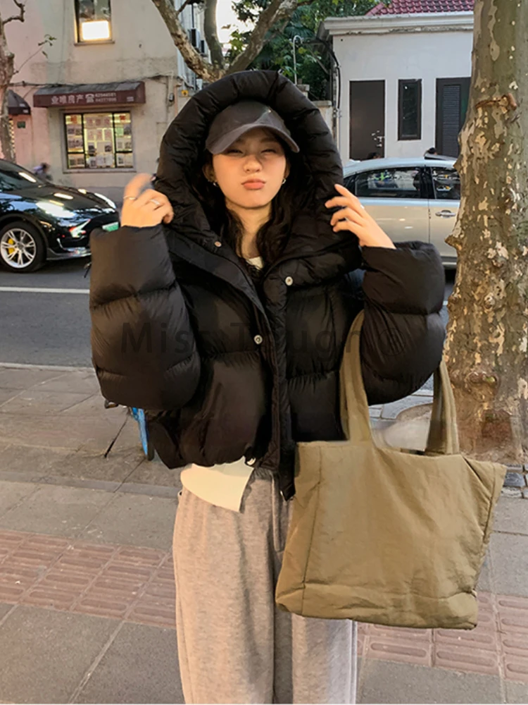 Elegant Short Hooded Down Jacket Women 2024 Winter Coat Korean Fashion Thick Warm Parkas Retro Loose Solid White Outwear Clothes