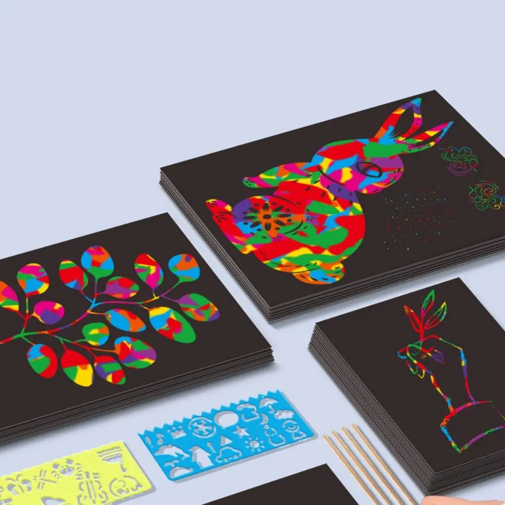 Rainbow Scratch Art Paper Card Set Colorful Graffiti Stencil Scratch Card Kit Scraping Painting Note Educational