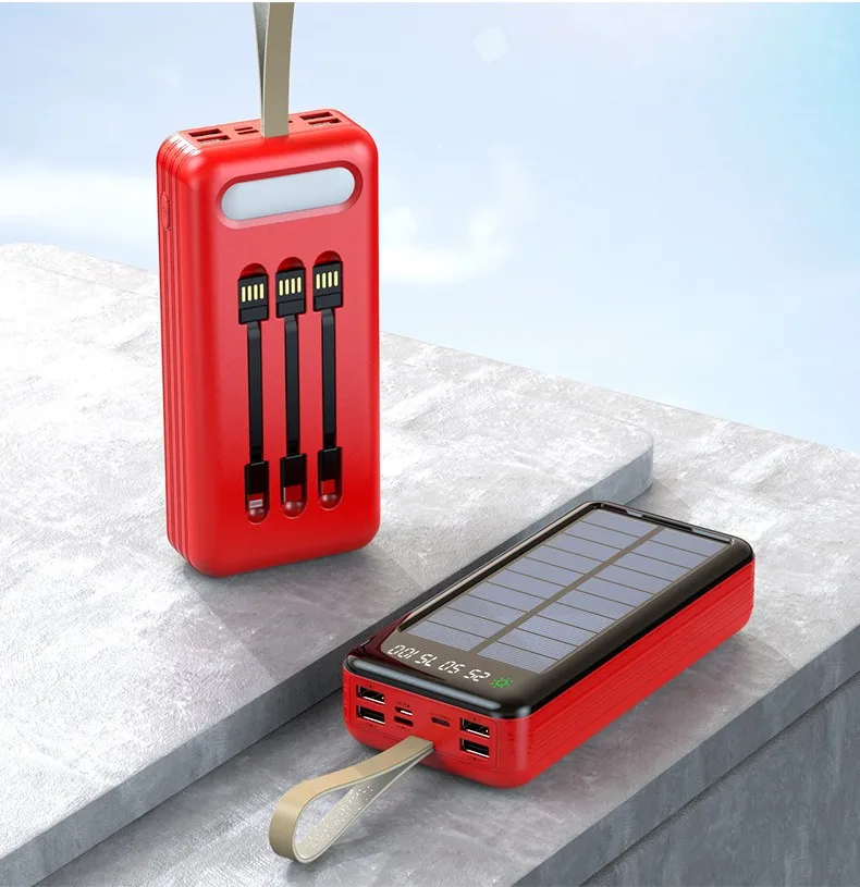 50000mAh Solar Power Bank with Cable Fast Charging Powerbank Portable External Battery Charger for iPhone Xiaomi Samsung Huawei