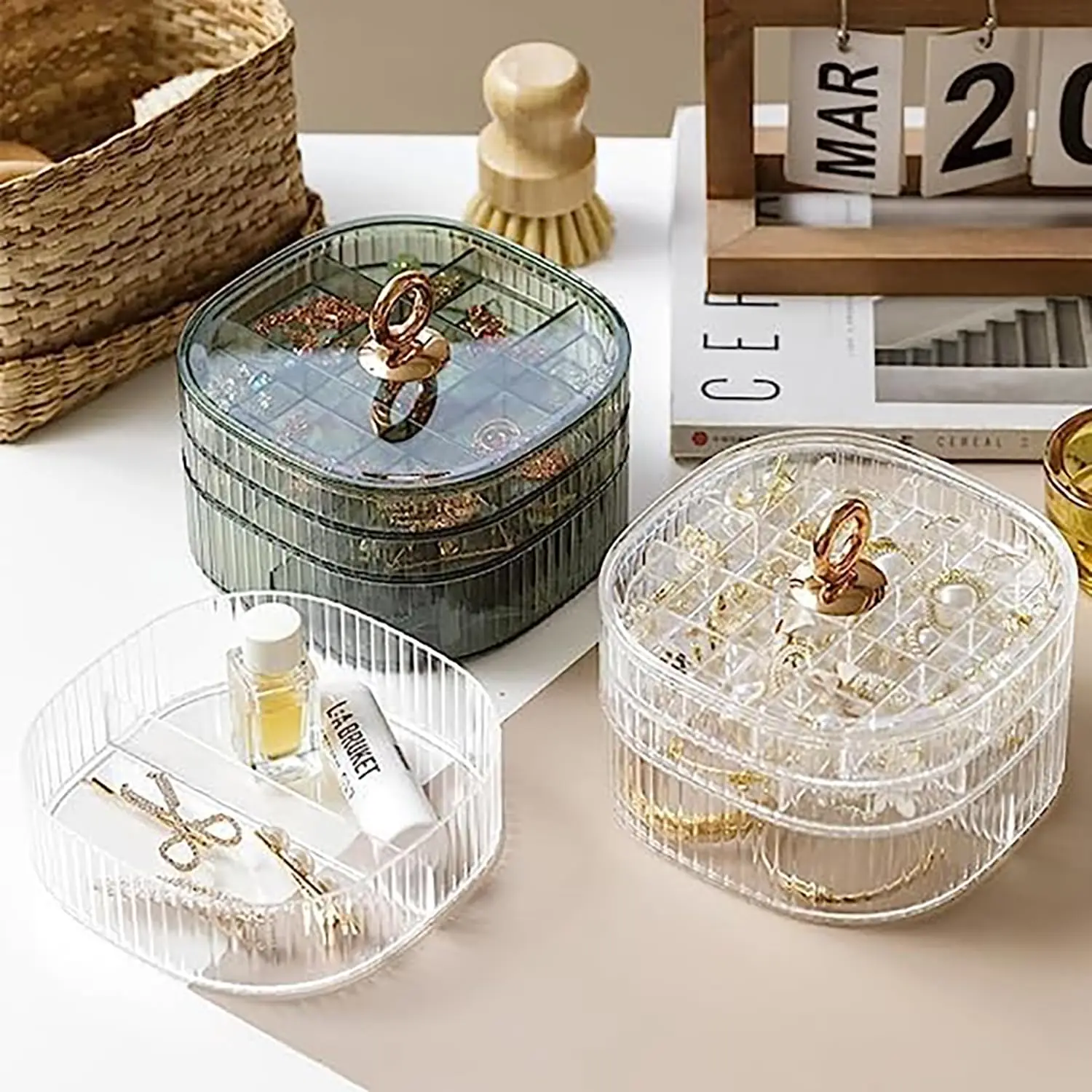 Boîte à bijoux transparente à 3 couches, étui empilable pour la maison, organisateur de compartiments, boîte de rangement pour boucles d'oreilles, bagues, bracelets