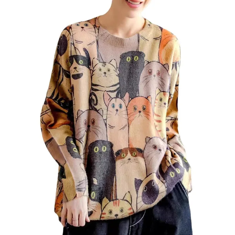 Maglione da donna autunno e inverno Plus Size modello di cartone animato copertura sciolto Top pigro nuovo stile gatto moda Top girocollo lavoro a