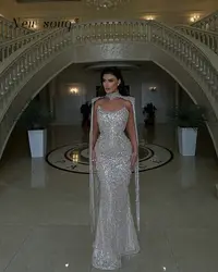 Dubai Sparkly Silver Crystals Mermaid Evening Dresses with A Cape Customized Arabic Strapless Long Wedding Events Party Gowns