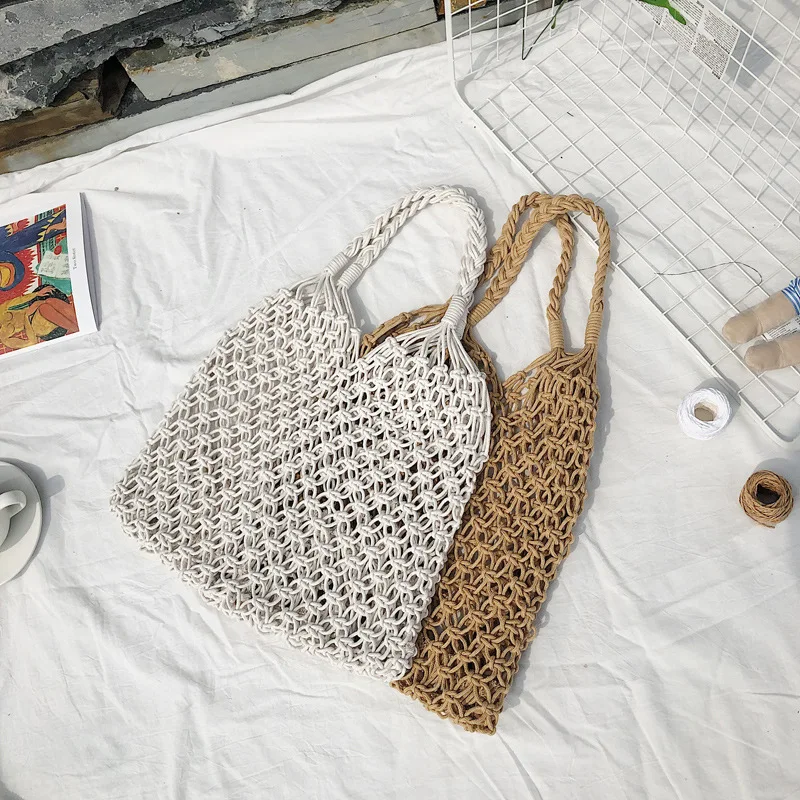 

Hand Braided Bag Cotton Rope Bag Hollowed Out Woven Bag Handmade Cotton Rope Straw Braided Bag Holiday Beach Bag Tide