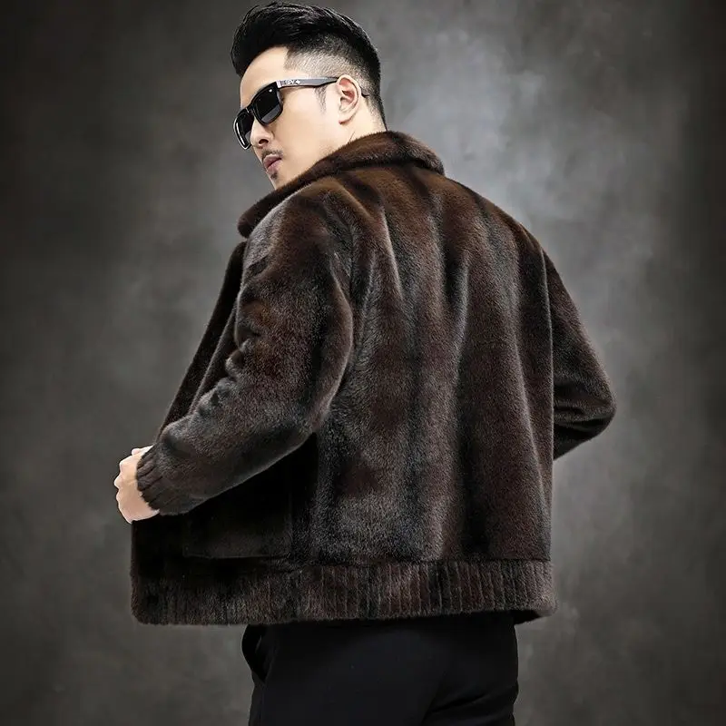 Winter New Men Mink Coat Male Double-Sided Wear Fashion Solid Color Short Fur Striped Outwear Thickened Warm Casual Outcoat