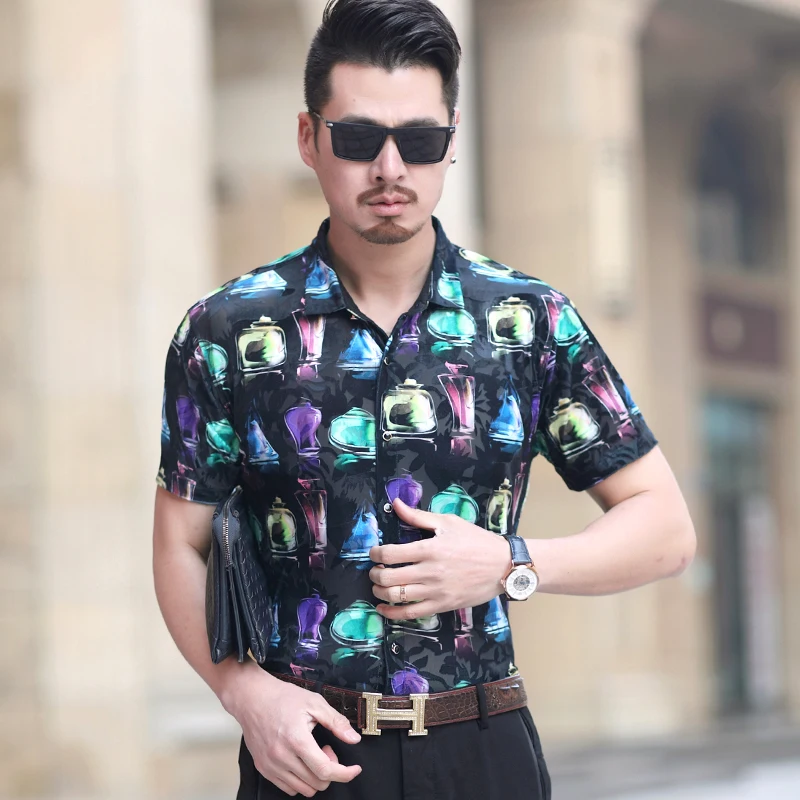 

Streetwear 3D Printing Hollow Luxury Short Sleeve Shirts For Men Summer High Quality Velvet Comfortable Breathable Chemise Homme