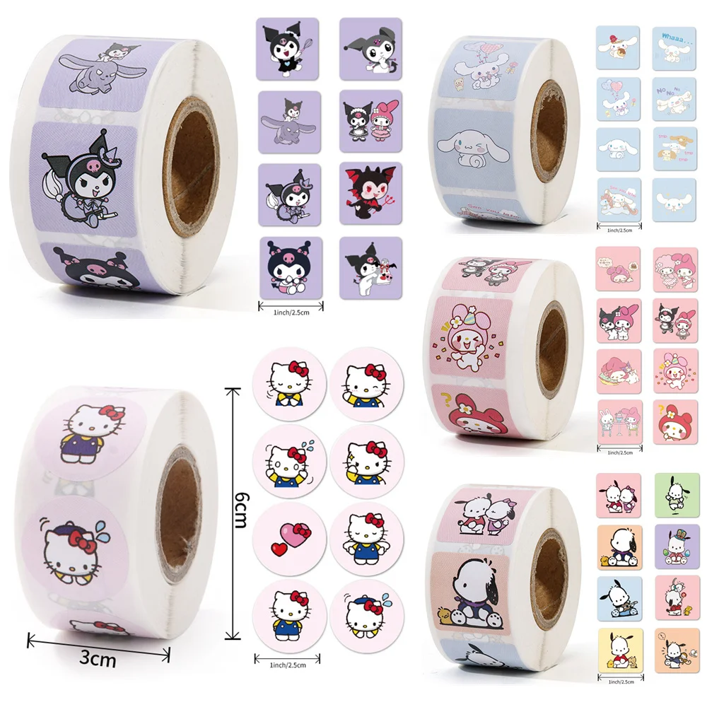 500pcs/Roll Sanrio Kuromi Stickers Reward Kawaii Hello Kitty Melody Diy PVC Laptop Decals Decoration Cartoon Stiker Kid Gift Toy