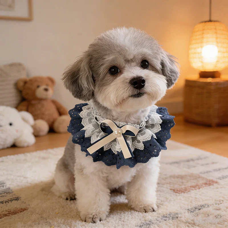 Lolita Style Pet Bib with Multi-Layer Lace Pearl Collar, Perfect for Cat and Dog Photography and Decoration
