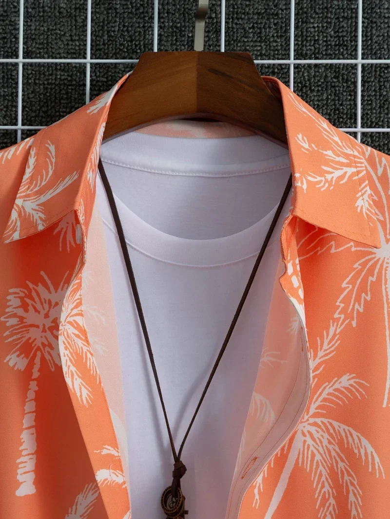 Camisa hawaiana con estampado de árbol de coco rosa para hombre, manga corta, secado rápido, Aloha Tropical, informal, fiesta, vacaciones, ropa de playa