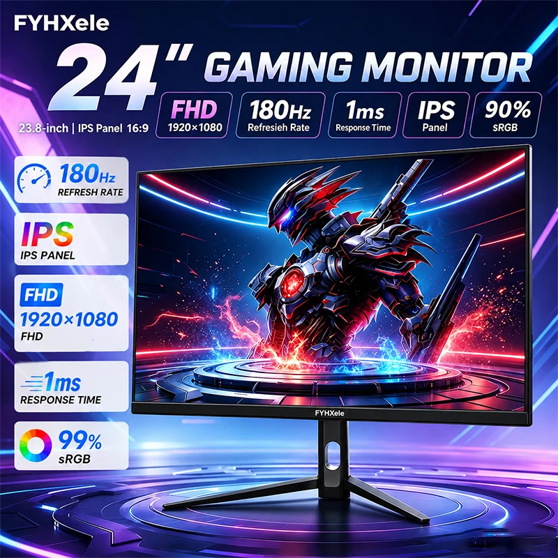 Nuovo Monitor da Gaming da 24 Pollici, Display 180Hz FHD 1080P, Pannello IPS, 1ms, Monitor per Tablet e Computer, Senza Cornice, 99% SRGB con Porte DP