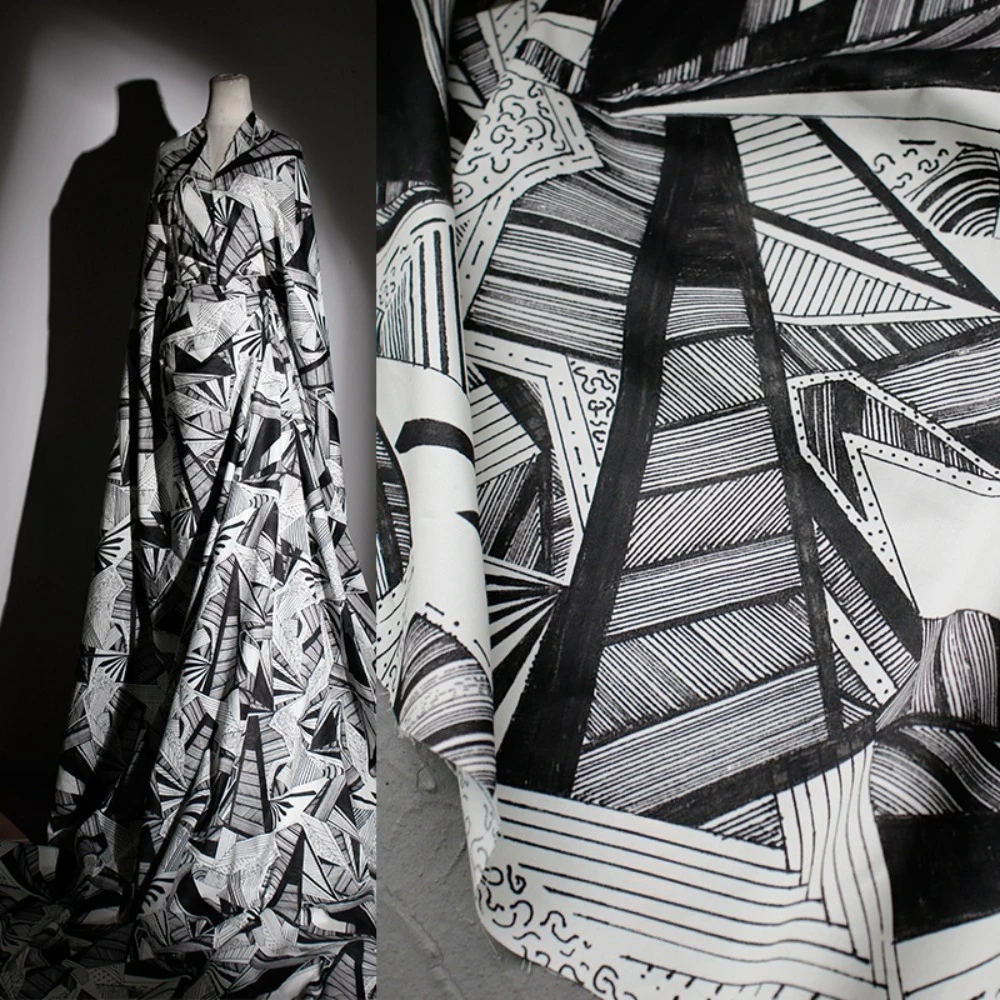 

Необычная черно-белая ткань с геометрическим принтом, легкое летнее платье, брюки, дизайнерская скатерть