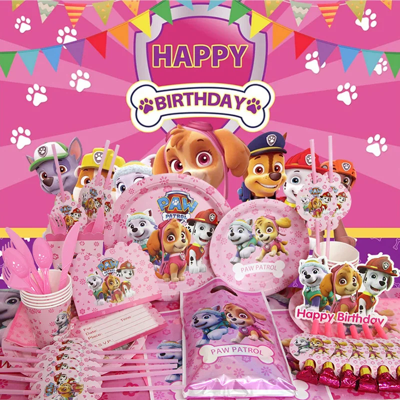 PAW Patrol Geburtstagsparty-Dekoration Rosa Skye Aluminiumfolienballon Latex Kinder-Event-Zubehör Einweg-Tischgeschirr Hintergrund – Detail 2