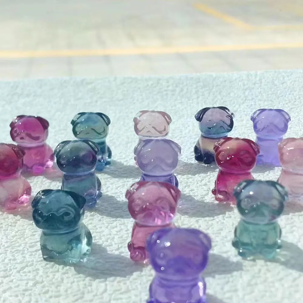 5pcs/Lot Natural Stone Dog Pug Rainbow Fluorite Crystals Mini Carvings Crystal Stone Mineral Gemstones Figurine Statue Spiritual view 3