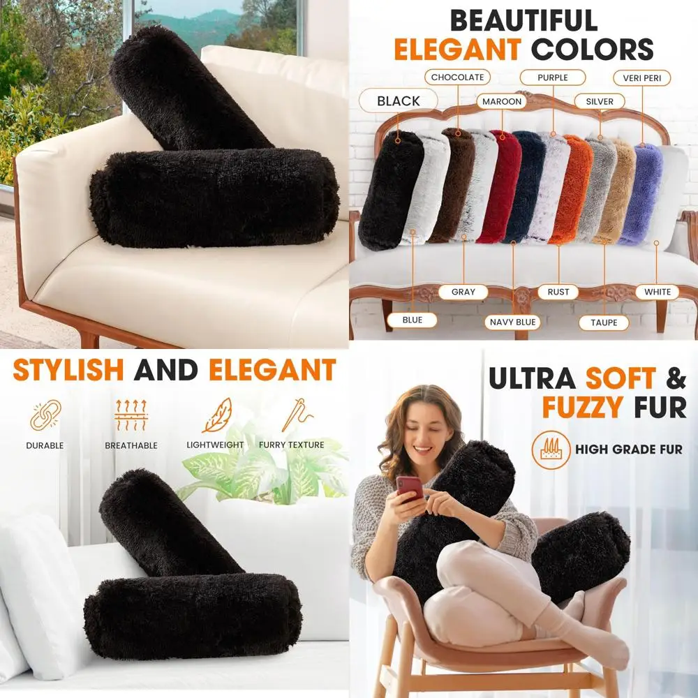 

Pair of Shaggy Decorative Bolster Pillows, Round Neck Support Pillows for Bed and Couch