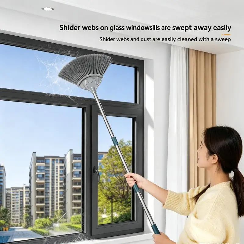 Fan Shaped Cobweb Duster With Extendable Stainless Steel Handle Soft Dense Bristles For Cleaning High Ceilings Walls And Corners