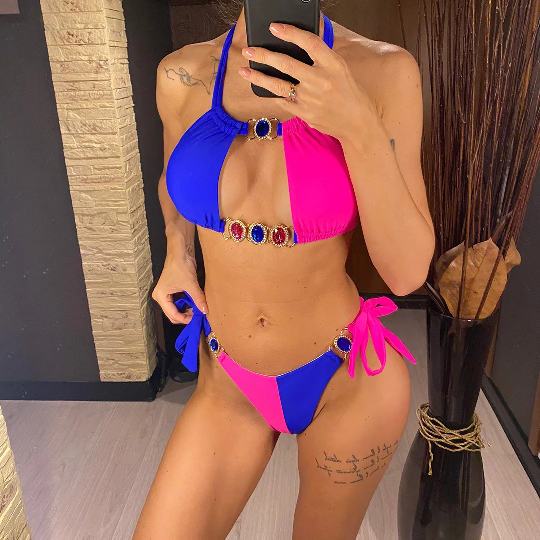8 Farben Diamant-Strass-Bikini Damen-Badebekleidung Zweiteiliger Bikini-Set Badeanzug Schwimmanzug V5132 – Detail 2