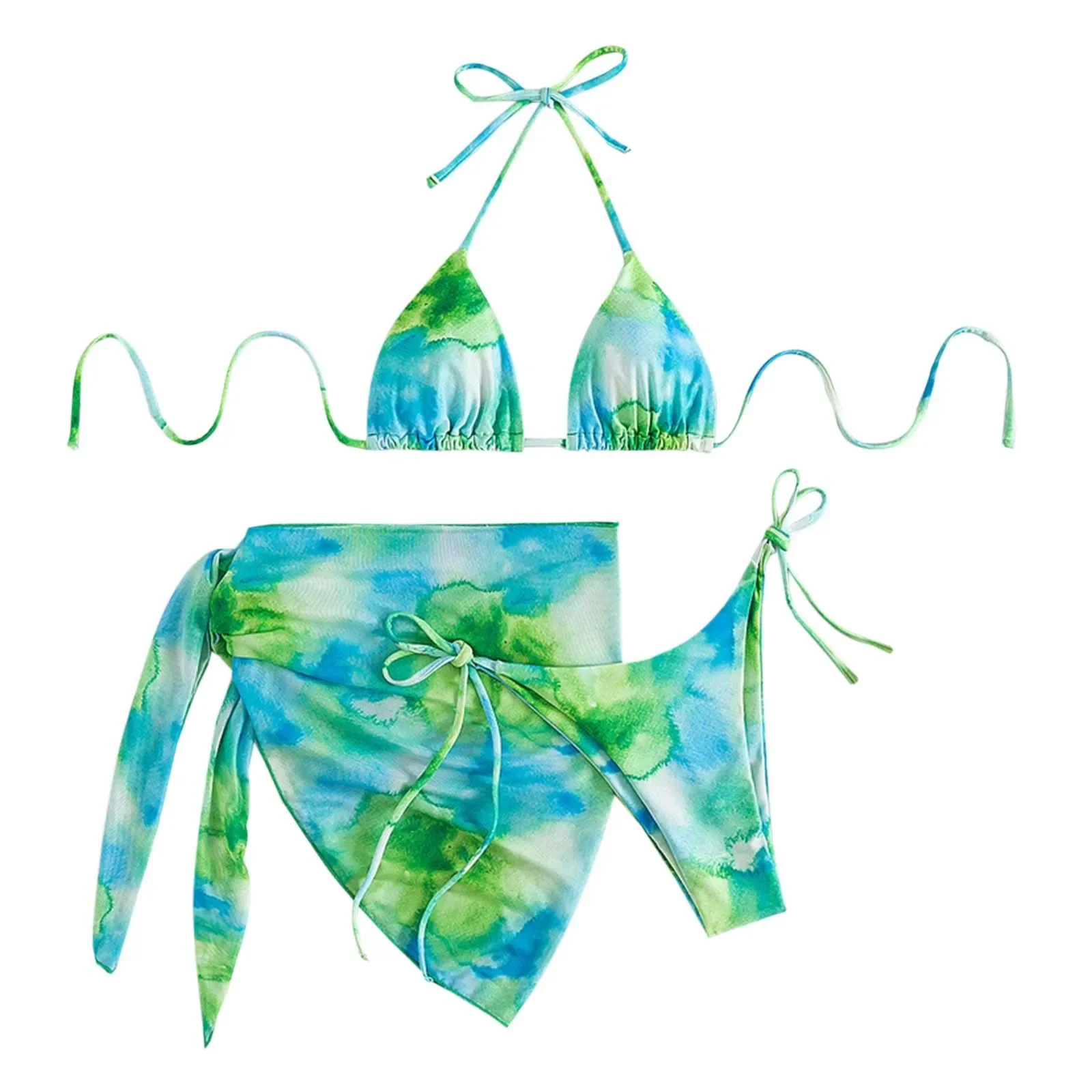 Damen-Bikini-Set mit Batikmuster, hängender Hals, rückenfrei, dünner Rock, Überwurf, Badebekleidung, sexy Schnür-Mikro-Badeanzug