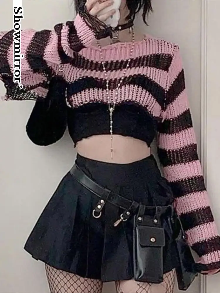 gothic Y2k Girl Crop Sweater cover Black Pink Striped  pullover Long Sleeve Smock Pullovers Kawaii Women Knit Tops clothes