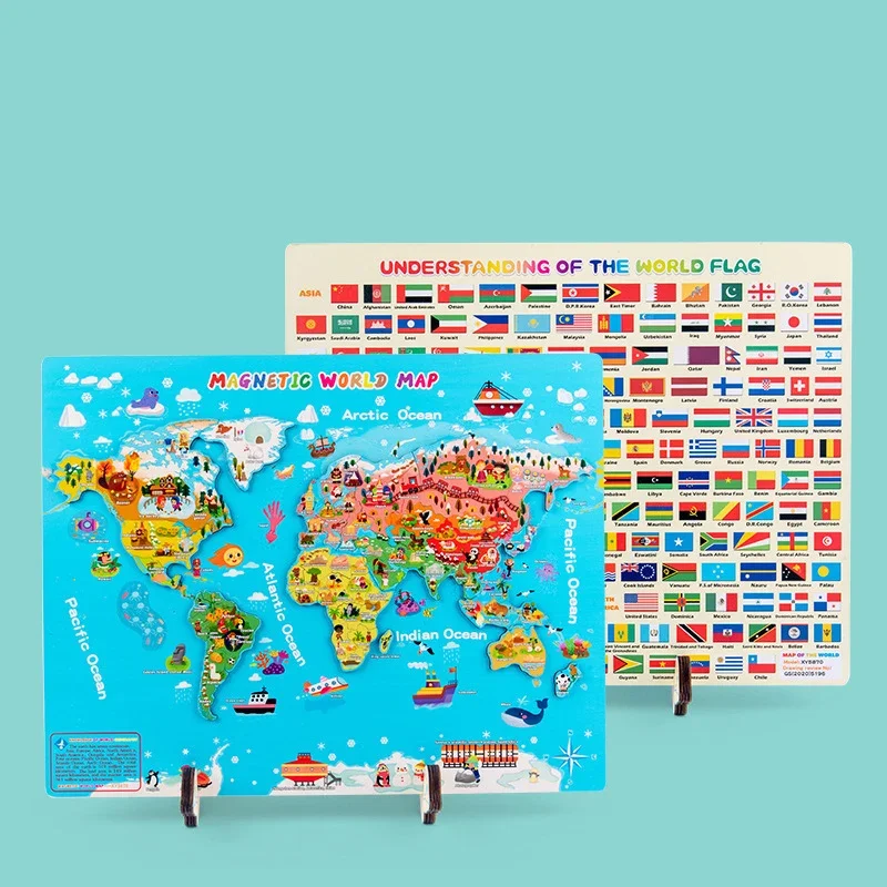 Wooden World Map Puzzle with National Flags on Back and 92 Country Flash Cards, Education Geography Toy Learn Geography Puzzles