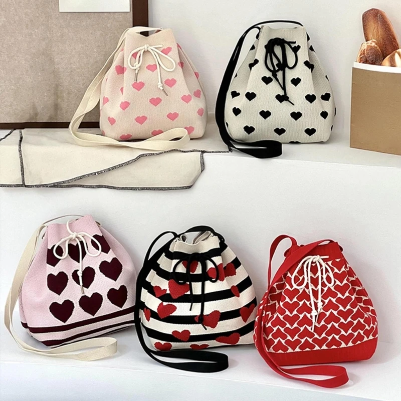 Women Lovely Heart Pattern Knitted Shoulder Bag Drawstring Bucket Bag Large Capacity Crossbody Bag for Shooping Dating  Handbag