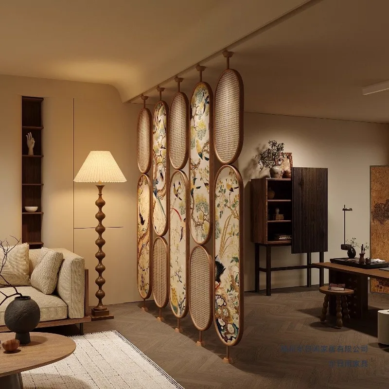 Rattan screen partition antique Chinese bookshelf in living room