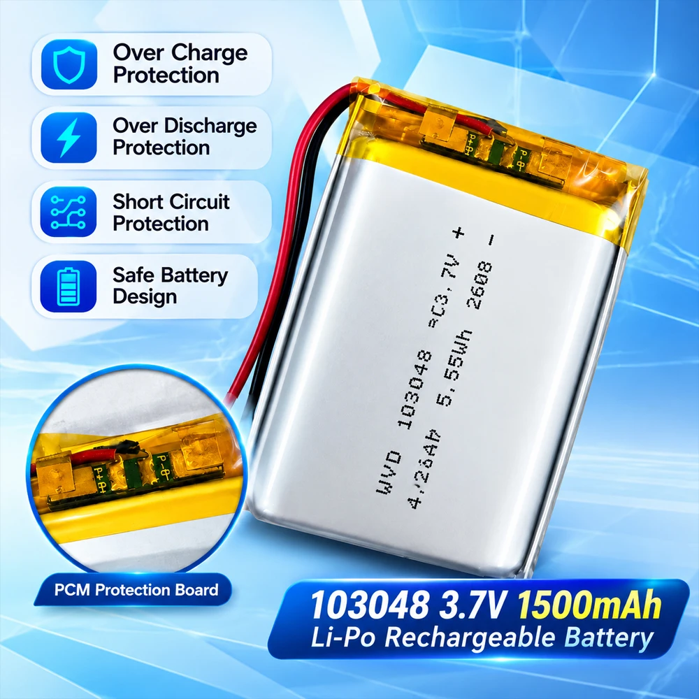 103048 3.7V 1500mAh LiPo Battery Rechargeable Lithium Polymer Battery with PCM Protection for GPS MP3 Speaker DIY