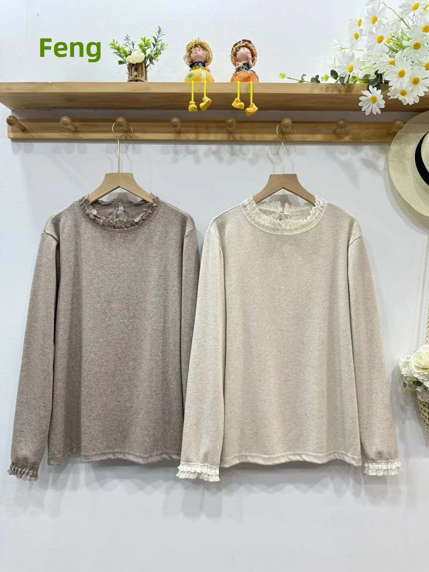 

Loose Fit Long Sve Lace Trim Stand Collar Base irt Women's Pure Color Elastic Inner Top Autumn Winter New Sle Forest S...