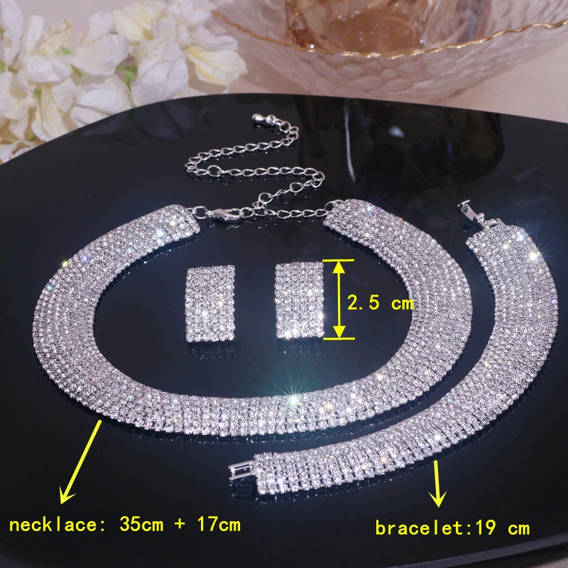 Luxury Classics Multilayer Rhinestone Necklace Earrings Bracelets Set for Women Silver Color Wedding Crystal Bridal Jewelry Sets