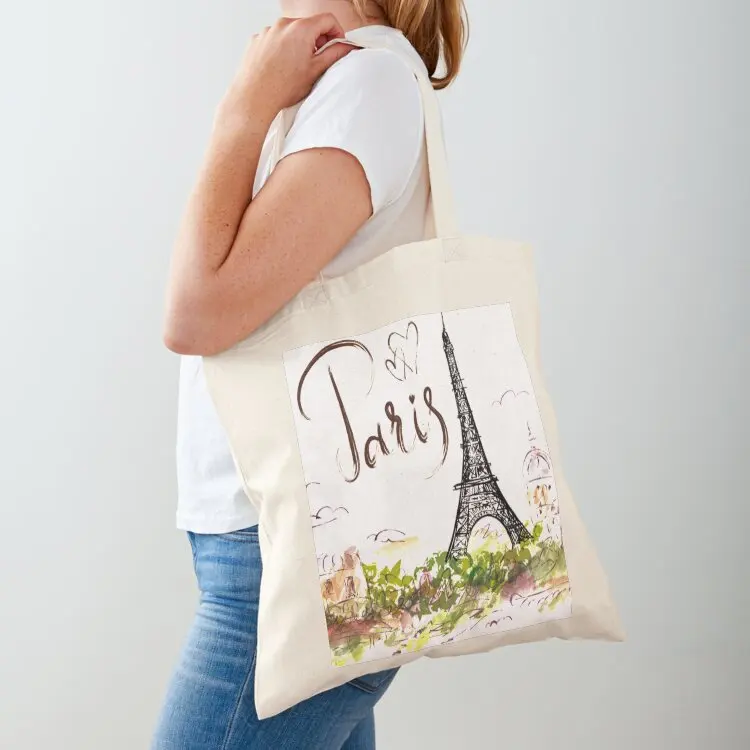 Paris Eiffel Tower illustration, Eiffel Tower Drawing Illustration, Hand-painted Eiffel Tower Tote Bag
