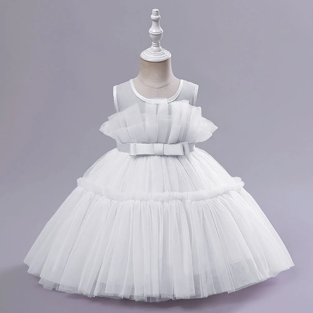 Baby Girl Princess Tutu Dress Sleeveless Kids Girls Puffy Pleated Dresses Pink White Birthday Party Toddler Clothes 1-6T