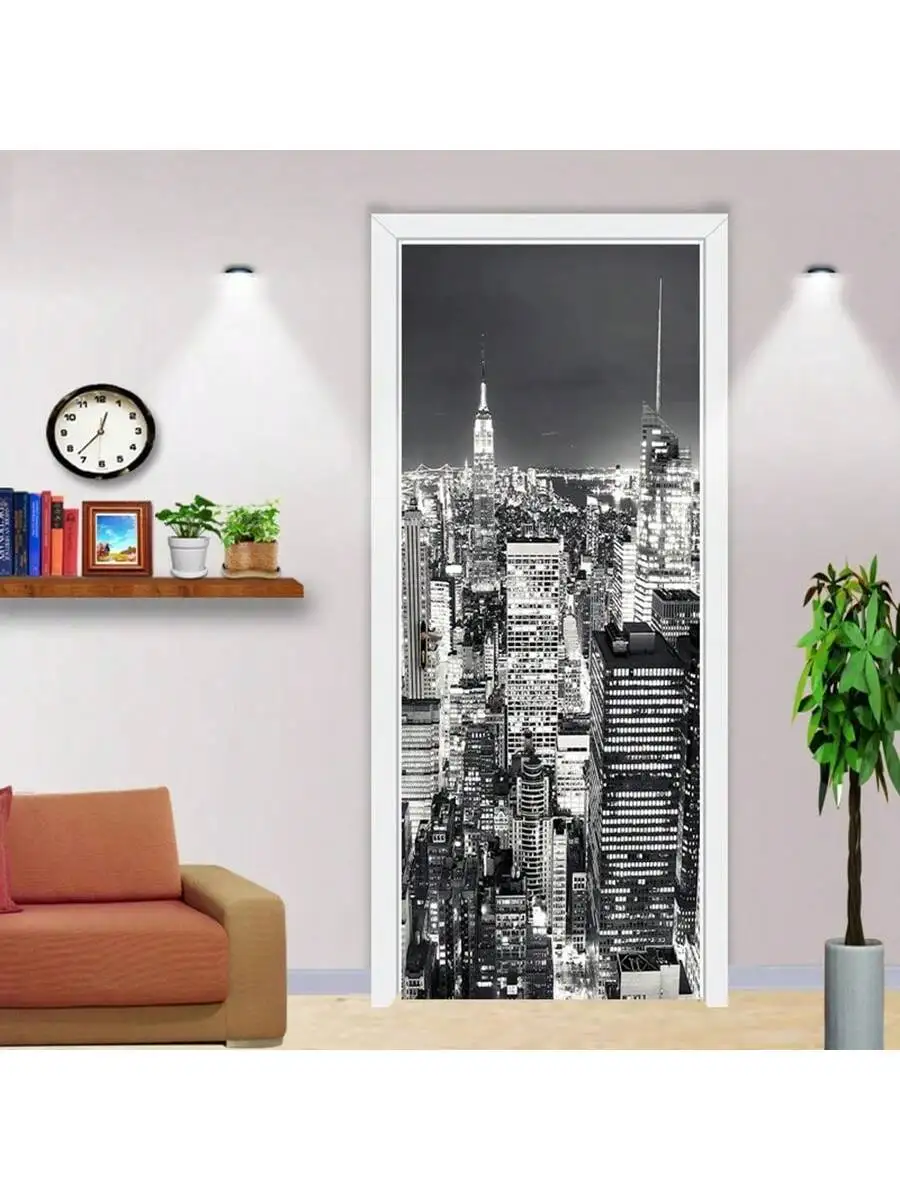 1/2 Stück selbstklebende, wasserfeste Türaufkleber-Wandbild, moderne, minimalistische, schwarz-weiße Stadtarchitektur-Nachtlandschaftsmusterwand