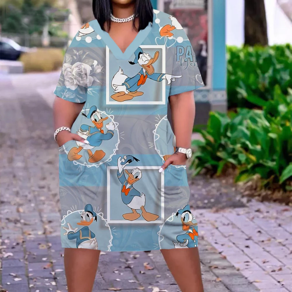 Disney Donald Duck Women\'s Fashion Print Dress Mid Length Boho Beach Dress Pocket Short Sleeve Dress Elegant Sundress Nightdress